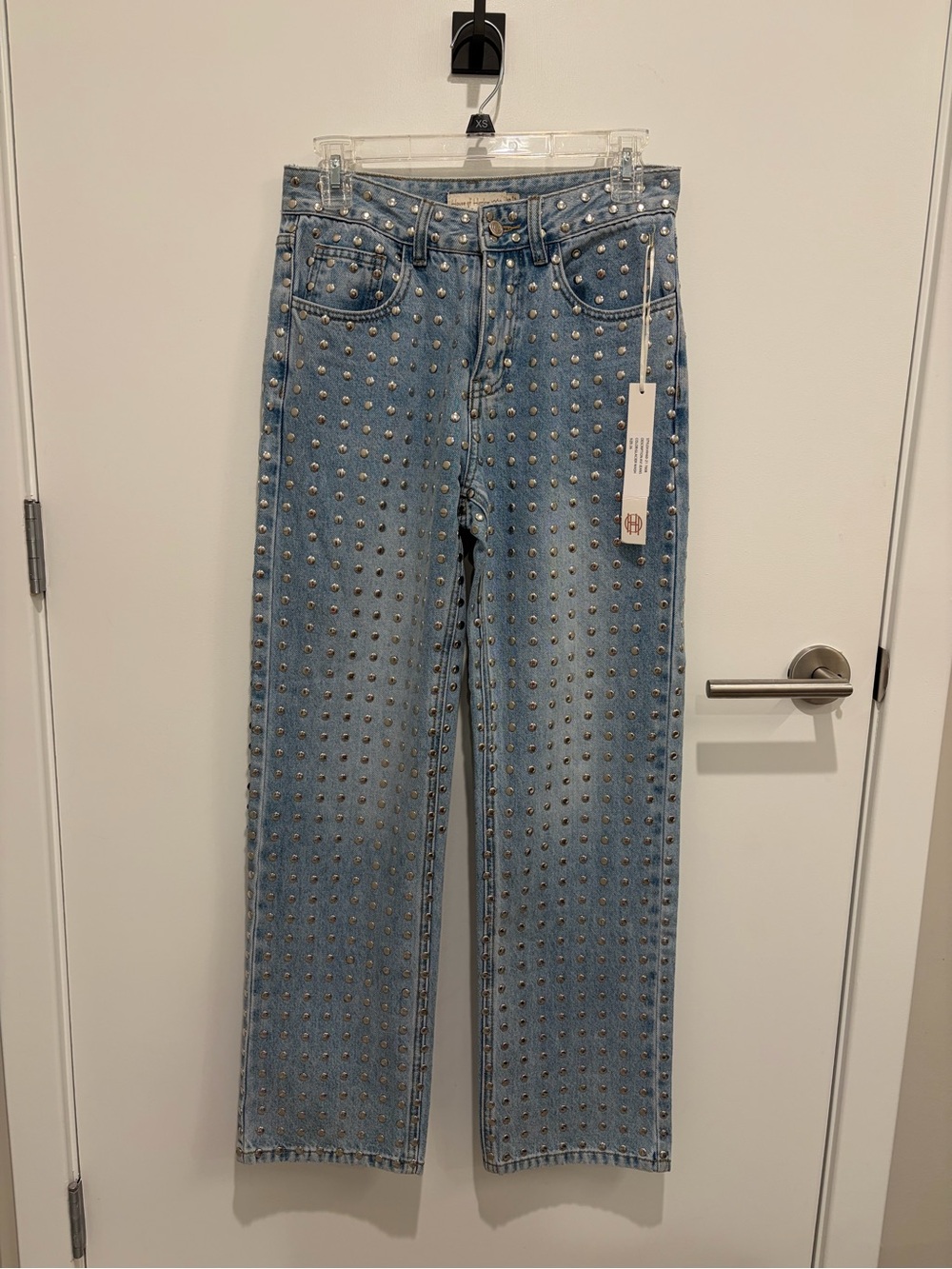 House of Harlow 1960 Light Blue Studded Straight-Leg Jeans